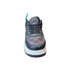 Front view of NK - LV-Inspired Monogram sneakers showcasing dark-toned coffee color and monogram pattern design