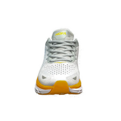 Hoka Clifton 8 Light Grey/Orange front view showcasing breathable engineered mesh upper, Meta-Rocker design, and vibrant orange accents for style.