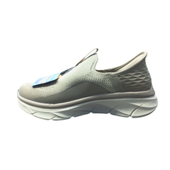 Left side view of Skechers D'Lux Walker 2.0 Slip-On Athletic Beige sneakers emphasizing the smooth, athletic design.