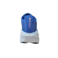 NB v5 Fresh Foam X More Blue back view highlighting ergonomic heel collar, cushioned support, and reflective logo for safety.