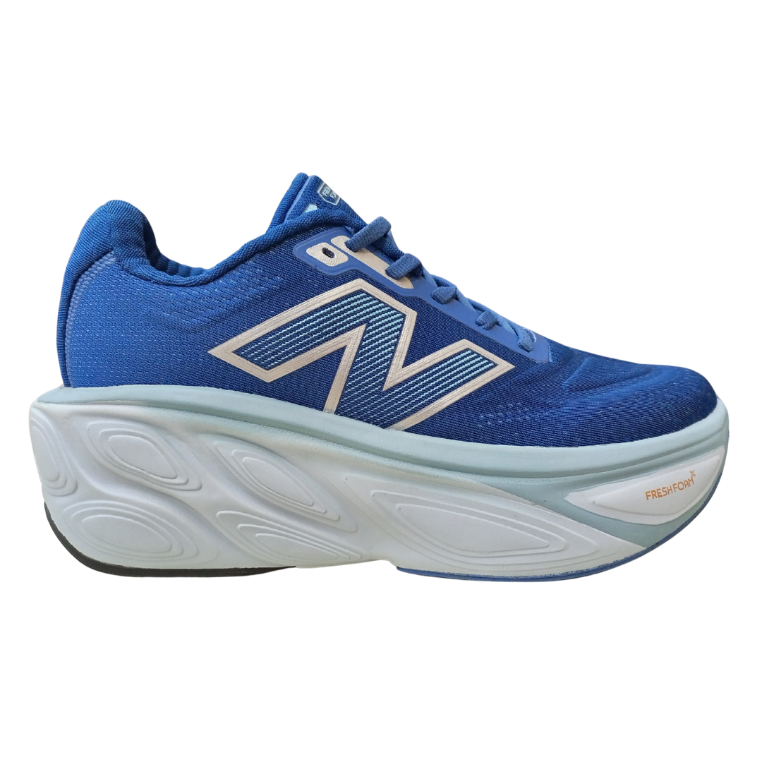 NB v5 Fresh Foam X More Blue right profile displaying Fresh Foam midsole cushioning and lightweight design for long runs.
