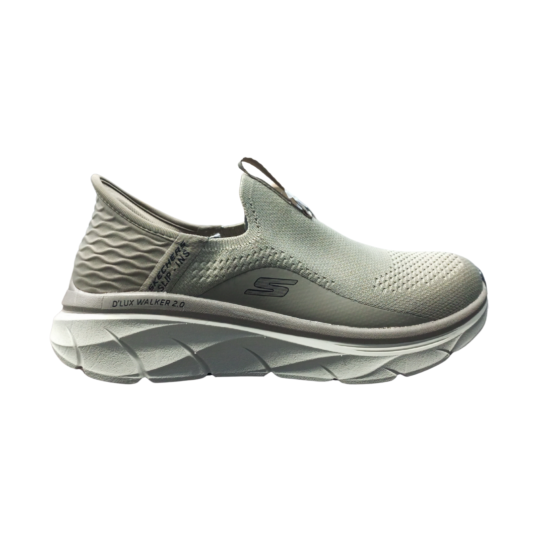 Right side view of Skechers D'Lux Walker 2.0 Slip-On Athletic Beige sneakers showing the streamlined profile