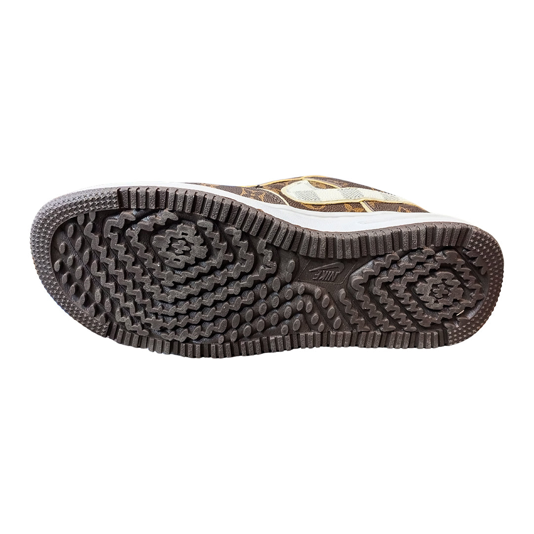 Bottom sole of NK LV-Inspired Monogram sneakers featuring non-slip rubber outsole and cushioned footbed