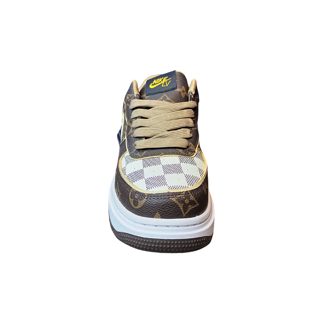 Front view of NK LV-Inspired Monogram sneakers showcasing brown and white monogram pattern and sleek design