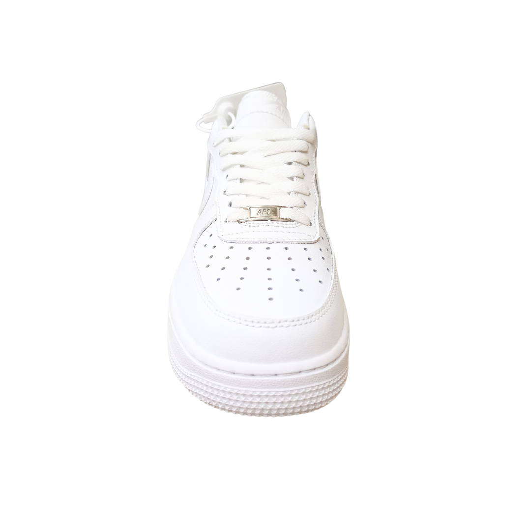 NAF 1 Low All-White Classic Sneakers front angle showcasing clean minimalist design and smooth leather finish