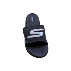 Sketch Max Cushion Slide Black – Front view showing sleek unisex design with adjustable straps and contoured cloud foam footbed for all-day comfort.