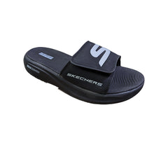 Sketch Max Cushion Slide Black – Side profile displaying lightweight cushioning, breathable black slides ideal for indoor/outdoor wear at home or gym.