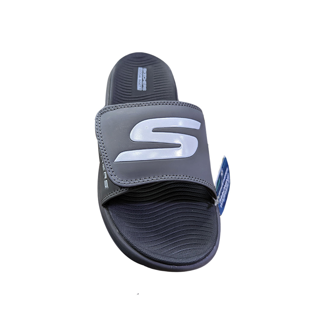 Sketch Max Cushion Slide Grey – Front view showing sleek unisex design with adjustable straps and contoured cloud foam footbed for all-day comfort.