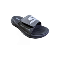 Sketch Max Cushion Slide Grey – Side profile displaying lightweight cushioning, breathable grey slides ideal for indoor/outdoor wear at home or gym.