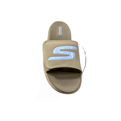 Sketch Max Cushion Slide Khaaki – Front view showing sleek unisex design with adjustable straps and contoured cloud foam footbed for all-day comfort.