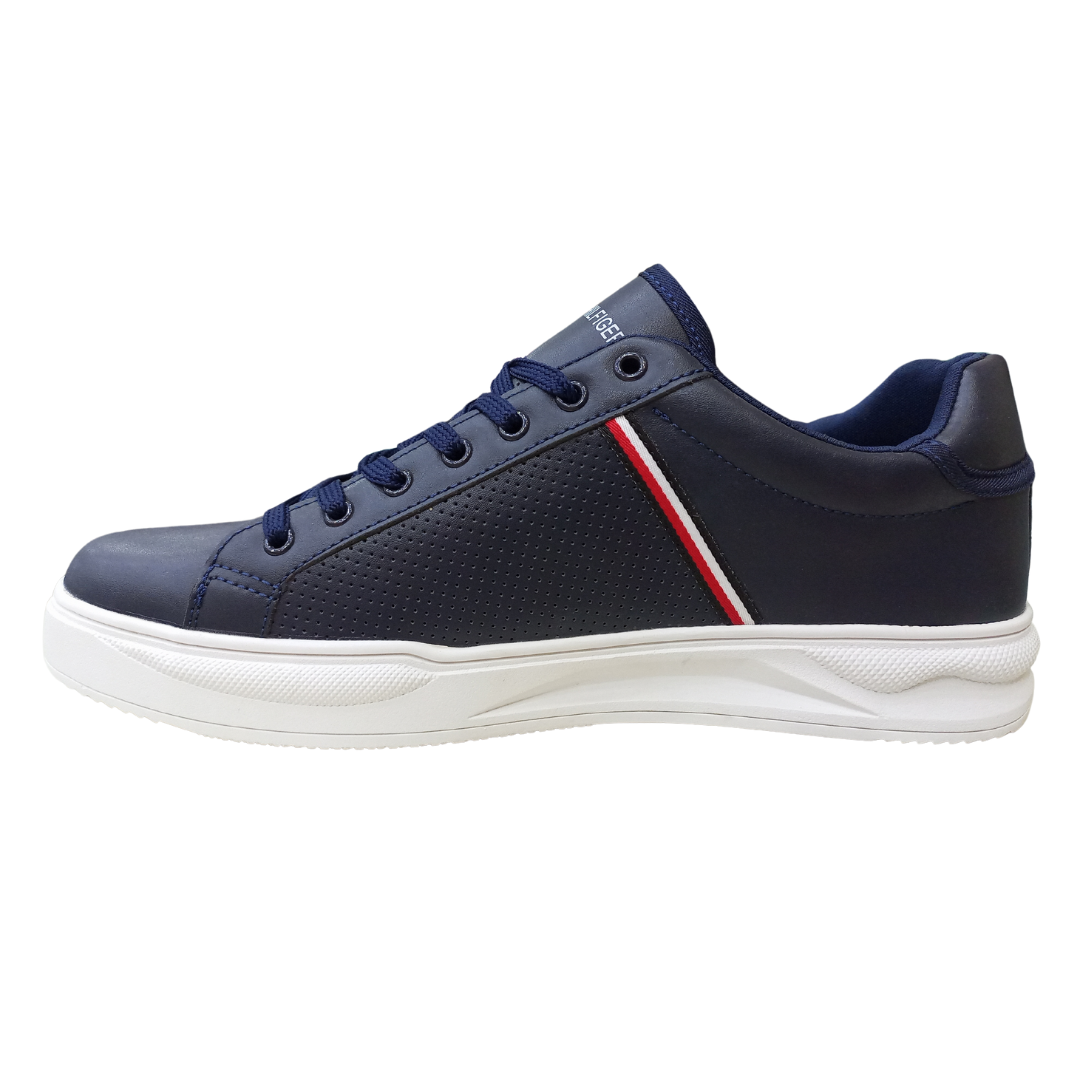 TH Sneaker Lace Up Navy Duo left side view highlighting breathable panels and arch support for walking or standing long hours.