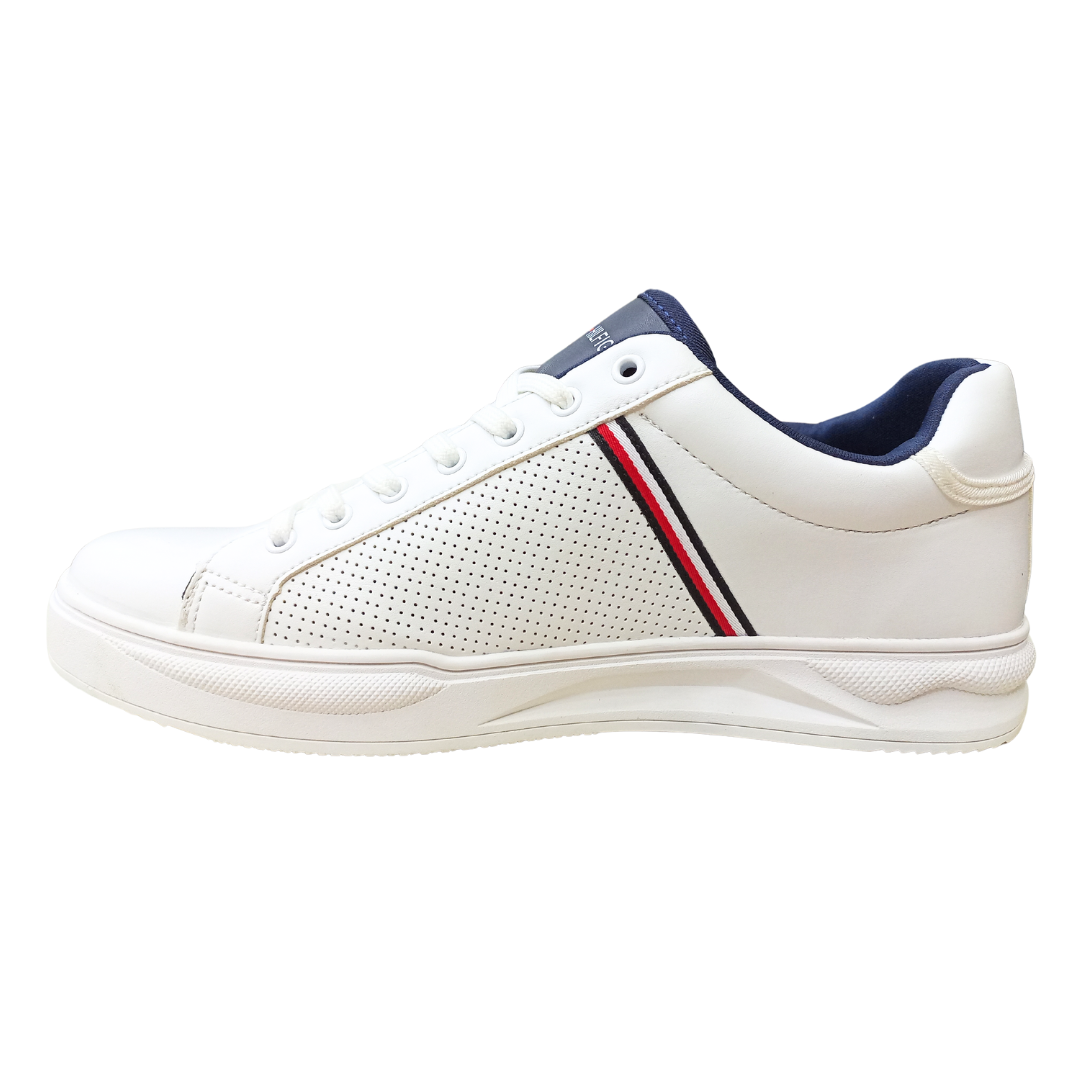 TH Sneaker Lace Up White left side view showcasing breathable cotton panels and arch support for walking comfort.